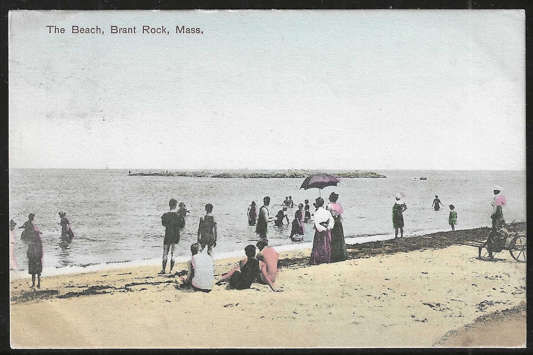 The Beach, Brant Rock, Massachusetts, early hand colored postcard, used
