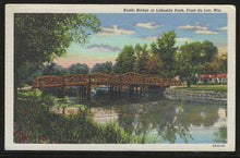 Load image into Gallery viewer, Rustic Bridge at Lakeside Park, Fond Du Lac, Wisconsin, early postcard, unused
