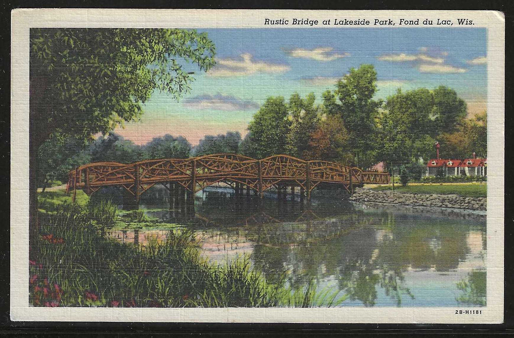 Rustic Bridge at Lakeside Park, Fond Du Lac, Wisconsin, early postcard, unused