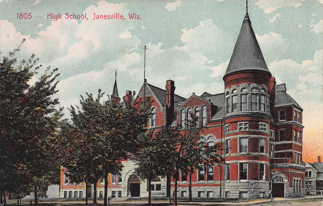 High School, Janesville, Wisconsin, early postcard, used with Green Lake, Wis. cancel