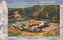 Load image into Gallery viewer, Home of Warner Brothers and First National Pictures, Greetings from California, early linen postcard, used in 1946
