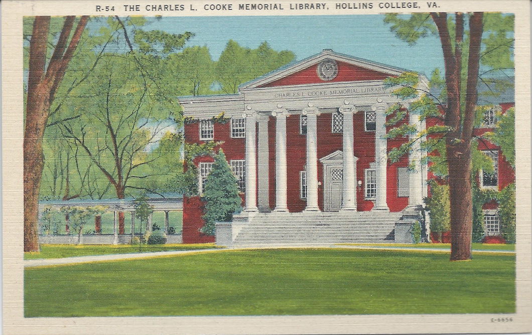 Charles L. Cooke Memorial Library, Hollins College, Virginia, early linen postcard, unused