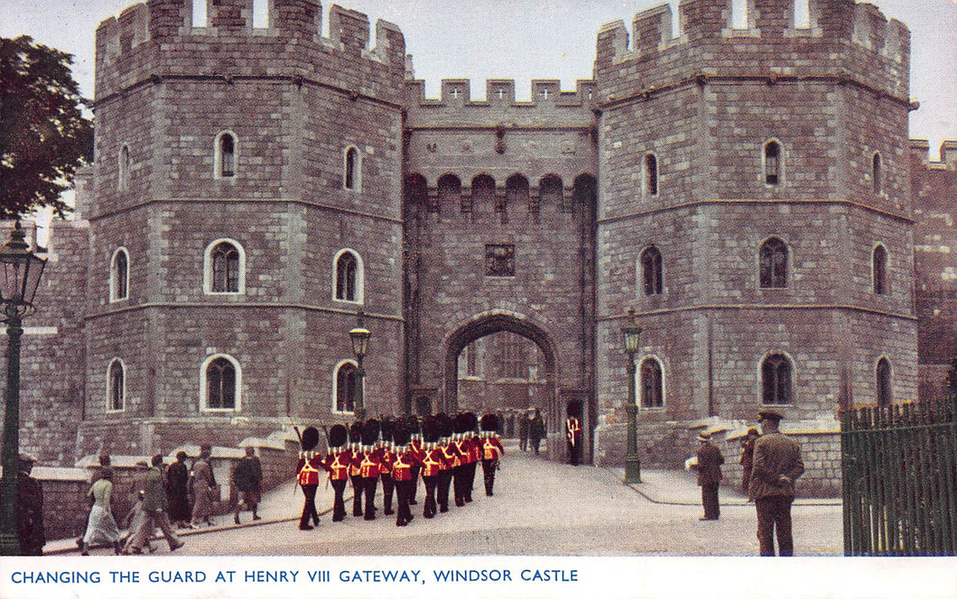 Changing the Guard at Henry VIII Gateway, Windsor Castle, England, Early Photochrom Postcard