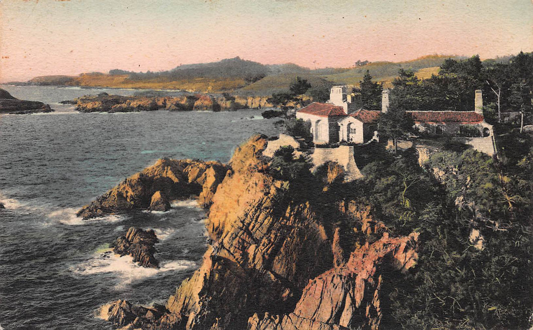 A Stone Cottage at Carmel Highlands, California, early hand colored postcard, unused