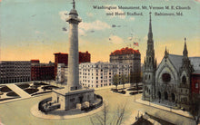 Load image into Gallery viewer, Washington Monument, Mt. Vernon M.E. Church, and Hotel Stafford, Baltimore, Maryland, early postcard, used in 1915

