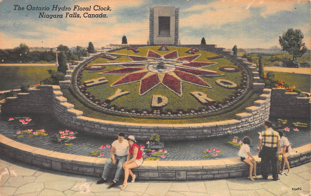 The Ontario Hydro Floral Clock, Niagara Falls, Canada, early linen postcard, unused