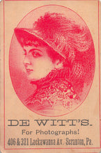 Load image into Gallery viewer, De Witt&#39;s For Photographs, Scranton, Pennsylvania, 19th Century Trade Card
