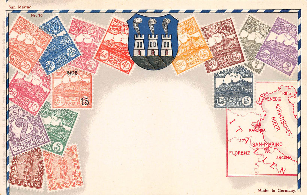 San Marino, Classic Stamp Images on Postcard by Ottmar Zieher