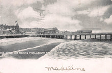Load image into Gallery viewer, The Beach and Fishing Pier, Asbury Park, early postcard, used in 1906
