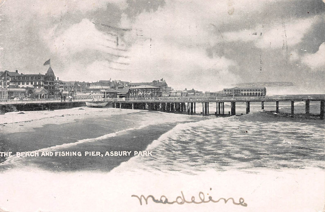 The Beach and Fishing Pier, Asbury Park, early postcard, used in 1906