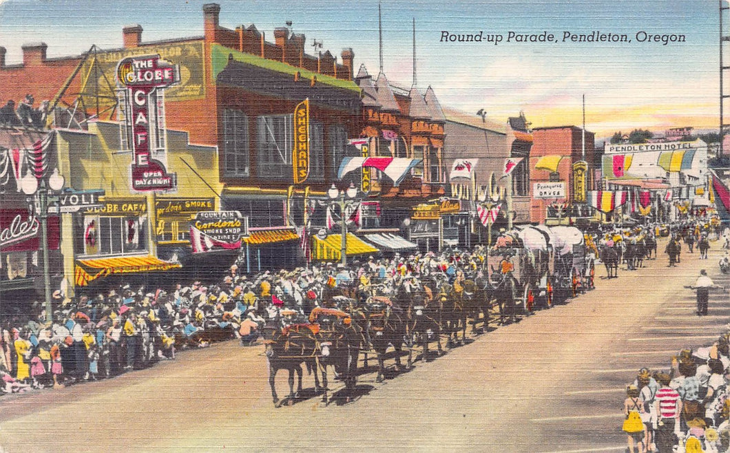 Round-Up-Parade, Pendleton, Oregon, early linen postcard