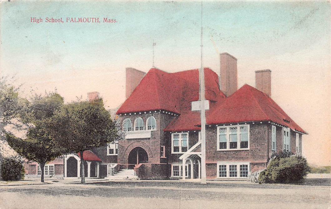 High School, Falmouth, Massachusetts, early hand colored postcard, used in 1908