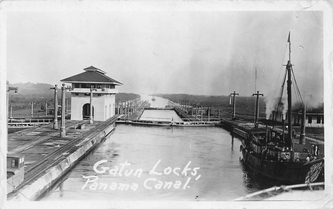 Gatun Locks, Panama Canal, Canal Zone, early real photo postcard, unused