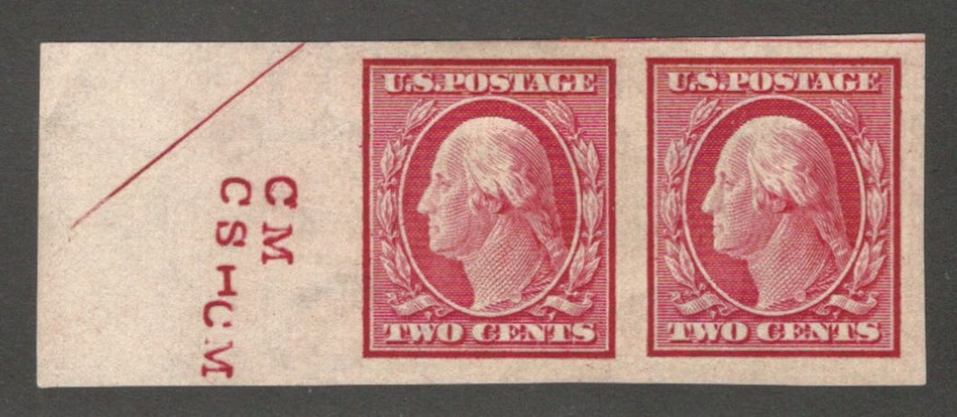 United States, 1908, Scott #344, 2c Washington, imperf. pair, Mint, H., V.F.-X.F., with Engraver's Initials