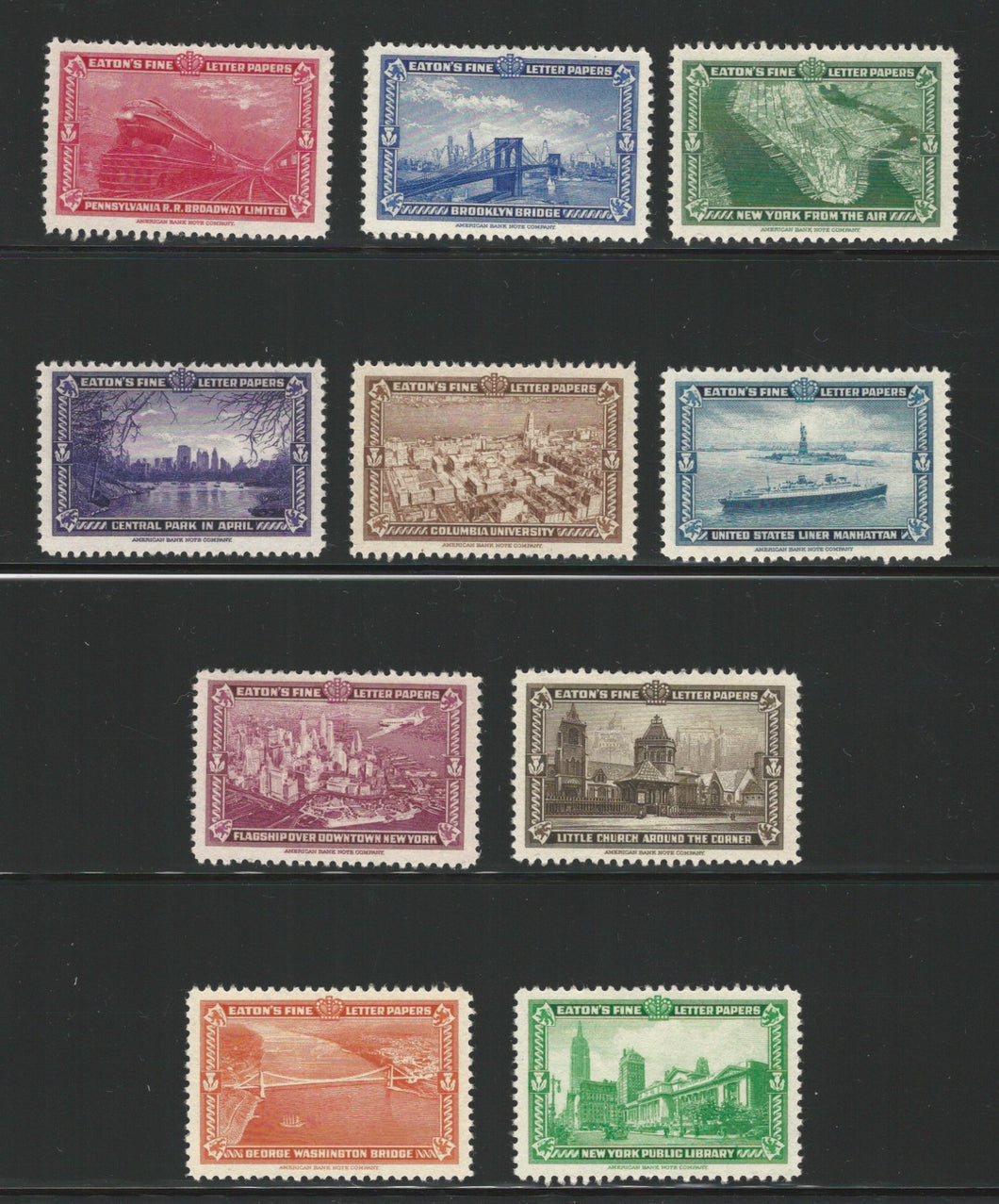 New York City Scenes, Set of 10 Eaton's Fine Letter Papers, 1939 Poster Stamps