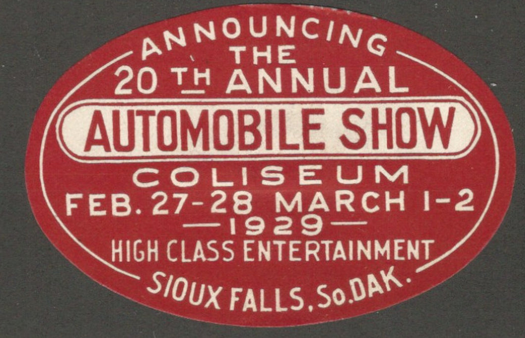 20th Automobile Show, Coliseum, Sioux Falls, South Dakota, 1929, Poster Stamp