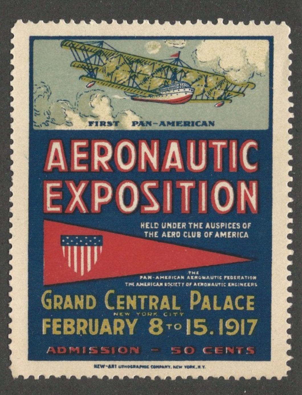 Aero Club of America, 1917 Aeronautic Exposition, Grand Central Palace, New York City, Poster Stamp