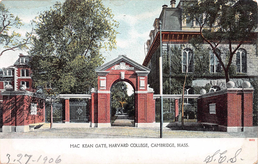 Mac Kean Gate, Harvard College, Cambridge, Massachusetts, very early postcard, used in 1906