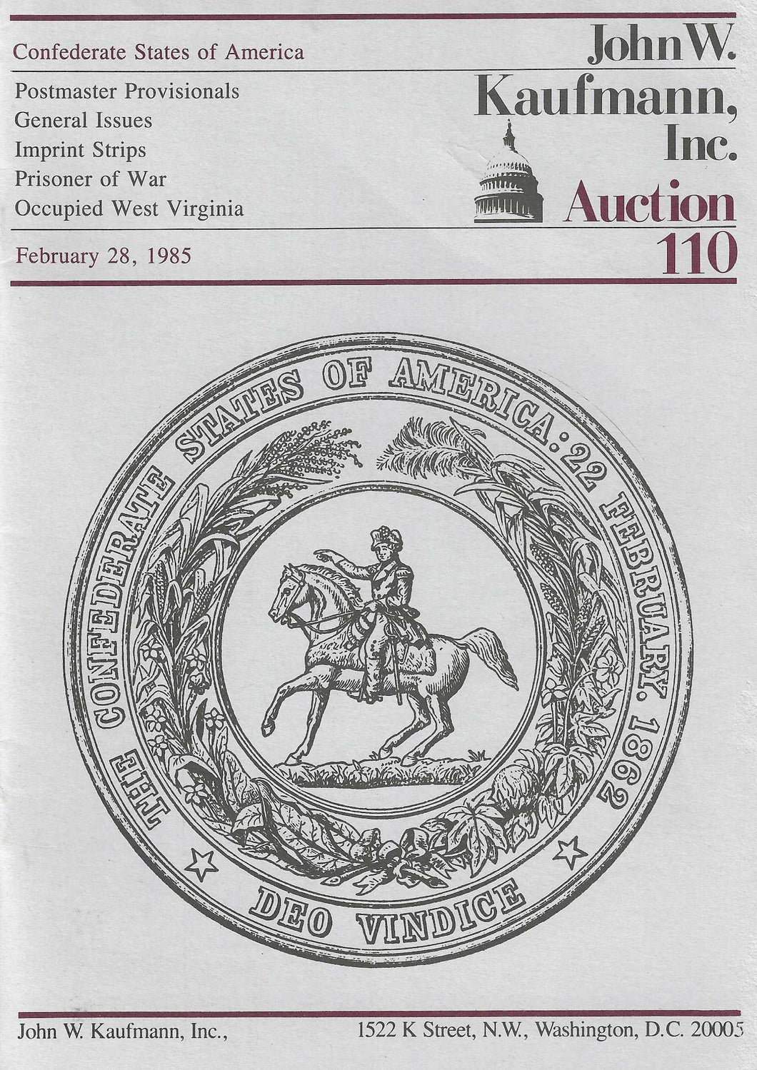 Confederate Of America, Including: Postmasters Provisionals and General Issues, John W. Kaufmann Inc., Sale 110, Feb. 28, 1985