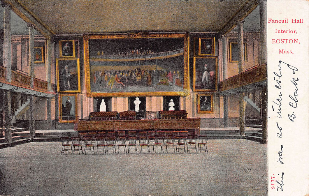 Faneuil Hall Interior, Boston, Massachusetts, very early postcard, used on 1907