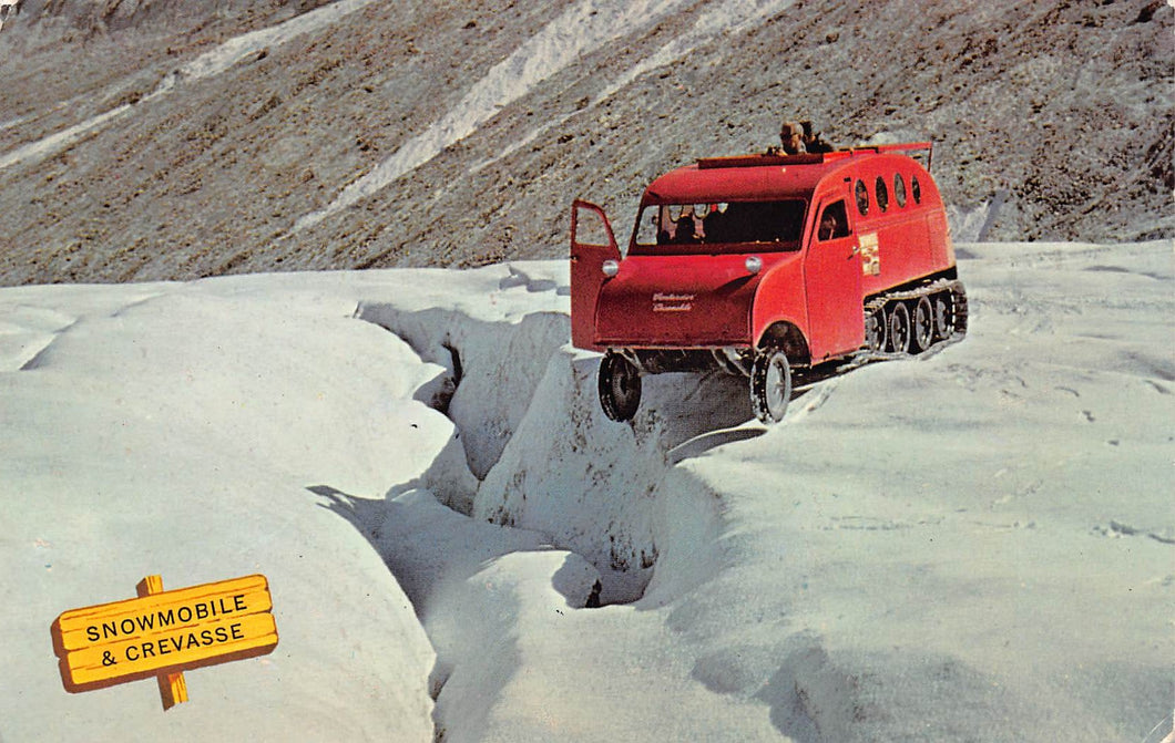 Snowmobile & Crevasse at Columbia Icefield in the Canadian Rockies, Alberta, Canada, chrome postcard, unused