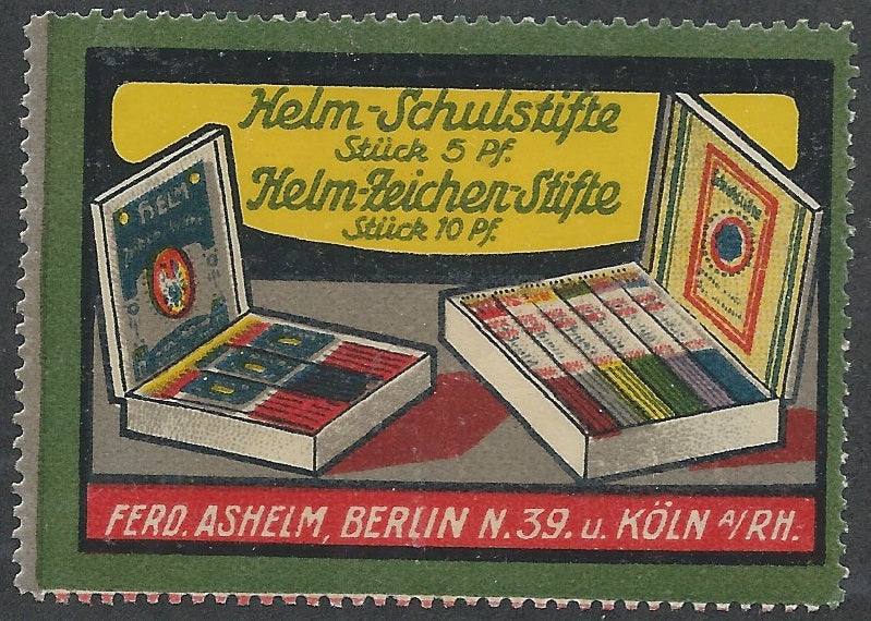 Helmet School Pencils, Ferd Ashelm, Berlin and Cologne, Germany, Early Poster Stamp
