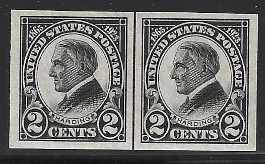 United States, 1923, Scott #611 Line Pair, Imperf.,2c Black, Harding, Mint, N.H., V.F.-X.F.
