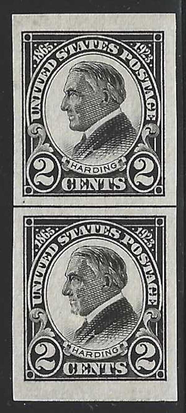 United States, 1923, Scott #611 Line Pair, 2c Black, Harding, Imperf., Mint, N.H., V.F.-X.F.